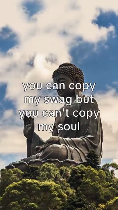 A frame of the finished clip: the same statue with the quote “you can copy my swag but you can’t copy my soul” burned on in white.